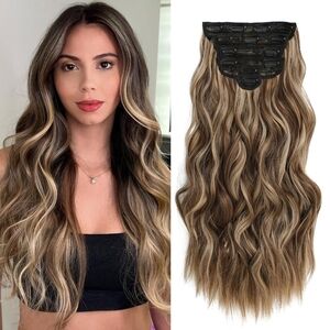 Clip-In Hair Extensions 20” Wavy • Light Brown Blonde Highlights • 6 PCS Thick D